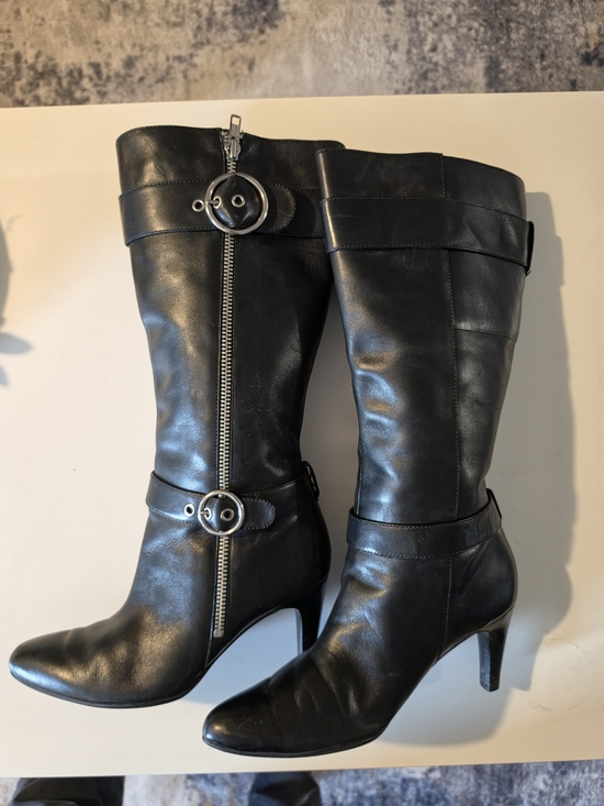 Ecco Shoes - Ecco Black Leather Mid-Calf Heeled Boots with Decorative Buckles